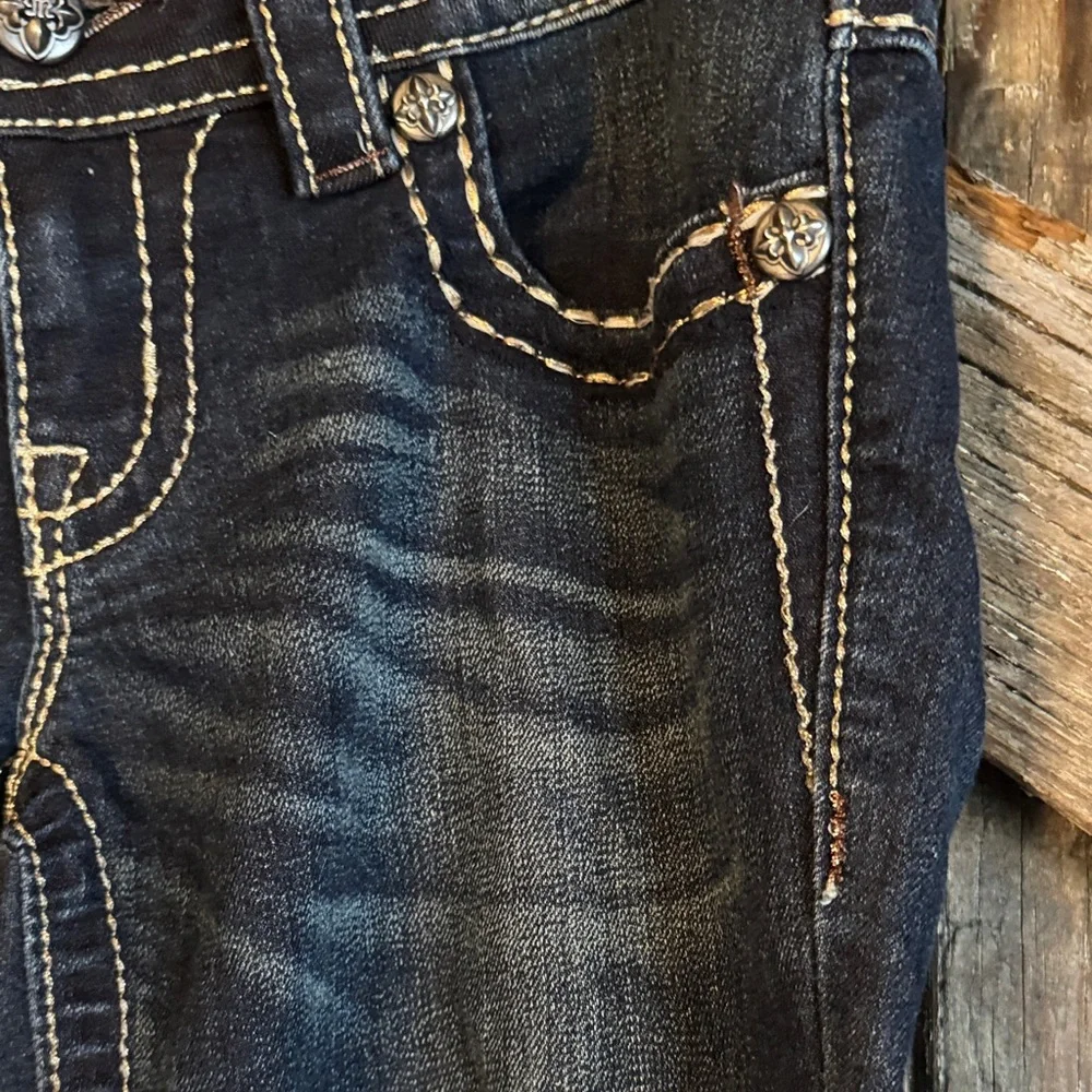 Miss Me Dark Blue Embroidered Bootcut Jeans with Gold Accents - Picture 11 of 12